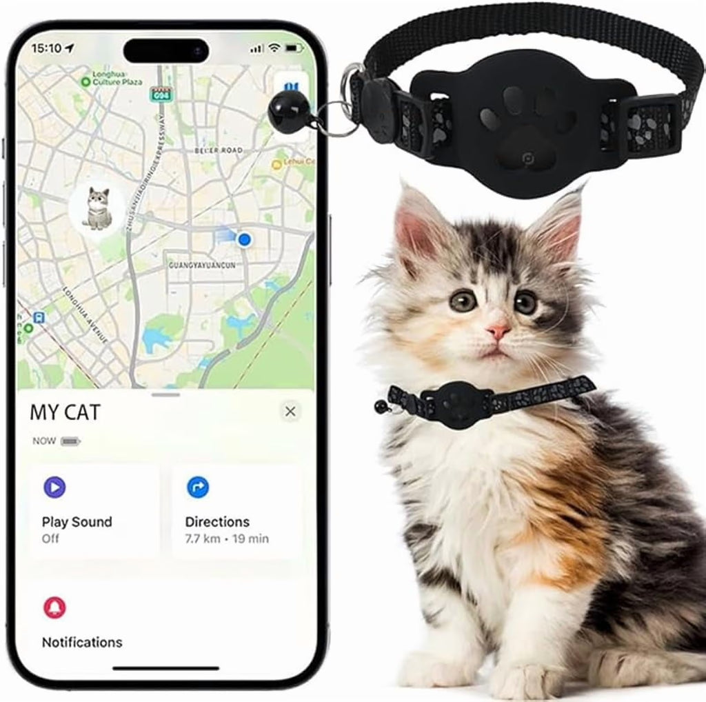 Cat Tracker Collar for Small Cats - Real Time Cat GPS Tracker No Monthly Fee, Pet Tracker for Cats Works with Apple Find My (Only Ios), No SIM Required (Collar + White Tracker)