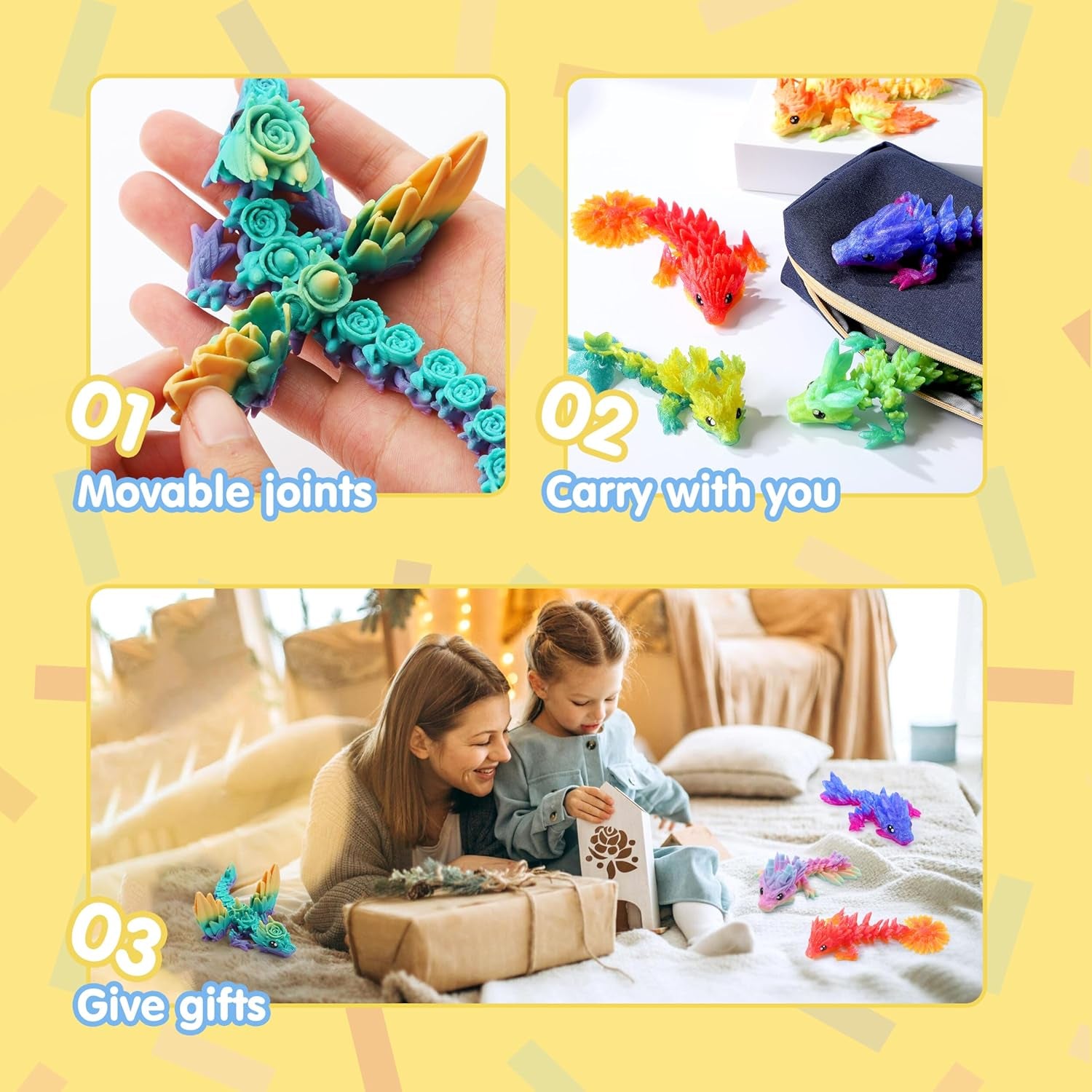 8 Pcs 3D Printed Dragon, 4.4" Colorful 3D Printed Flexible Articulated Dragon Fidget Toys for Office Desk Decor, Autism Stress Relief Fidget Toys for Kids & Adults Gift