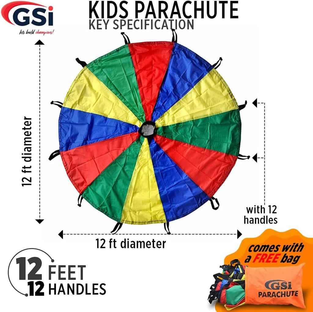 Kids Rainbow Parachute 6 Ft to 35 Ft for School & Gym Class | Bright Rainbow Colors, 54 GSM Fabric, Cross-Stitched Handles, Field Day & Birthday Parties, Storage Bag Included