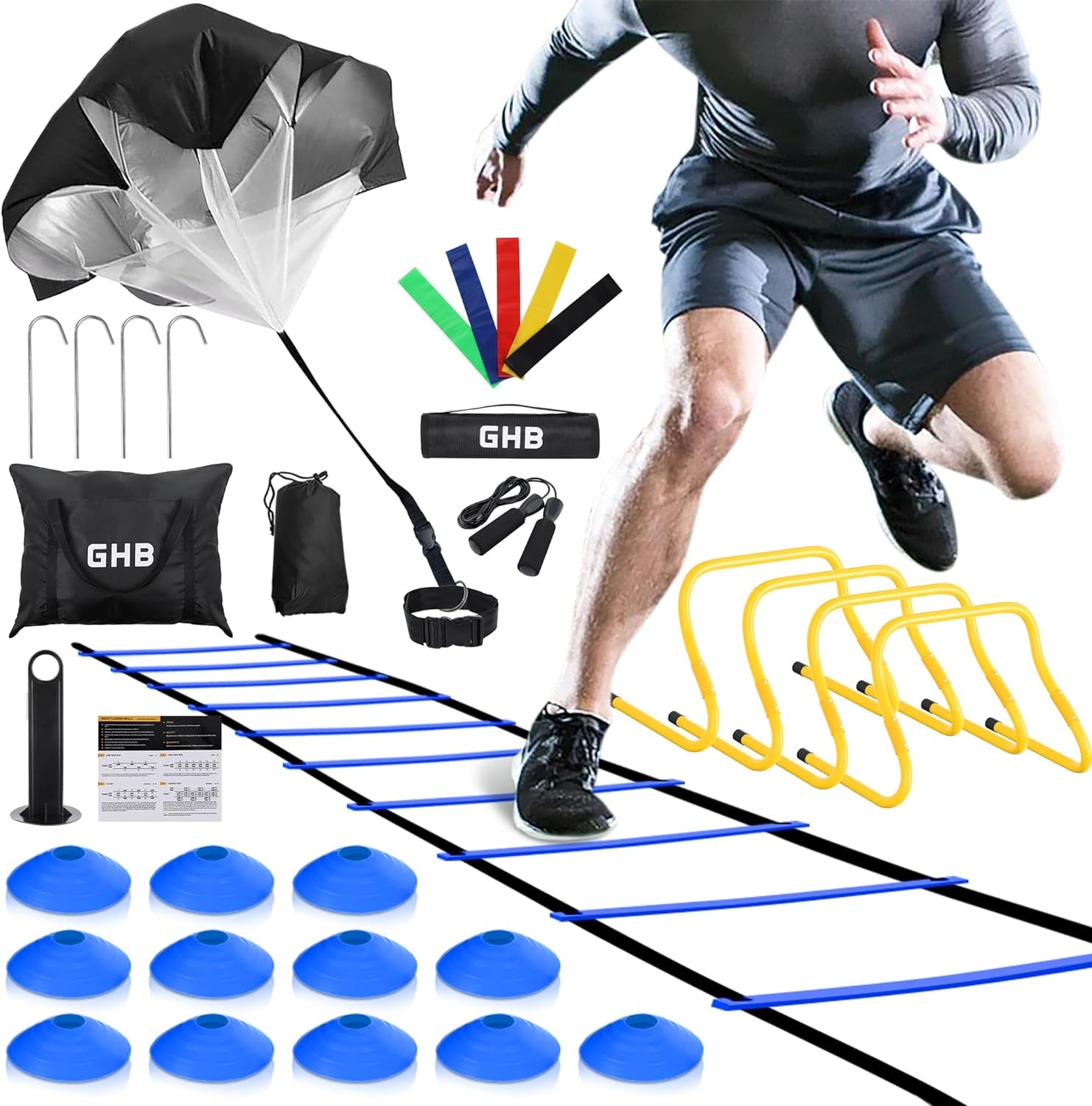 Agility Ladder,Football Training Equipment Set,4 Agility Hurdles, 20 Feet12 Rungs Speed Ladder,12 Disc Cones,Resistance Parachute, Jump Rope, 5 Resistance Bands
