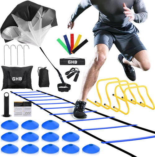 Agility Ladder,Football Training Equipment Set,4 Agility Hurdles, 20 Feet12 Rungs Speed Ladder,12 Disc Cones,Resistance Parachute, Jump Rope, 5 Resistance Bands