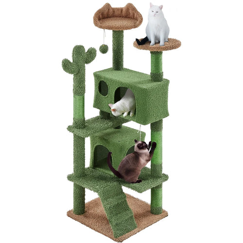 54″ H Cactus Cat Tree with 2 Condos & Scratching Posts, Green/Brown