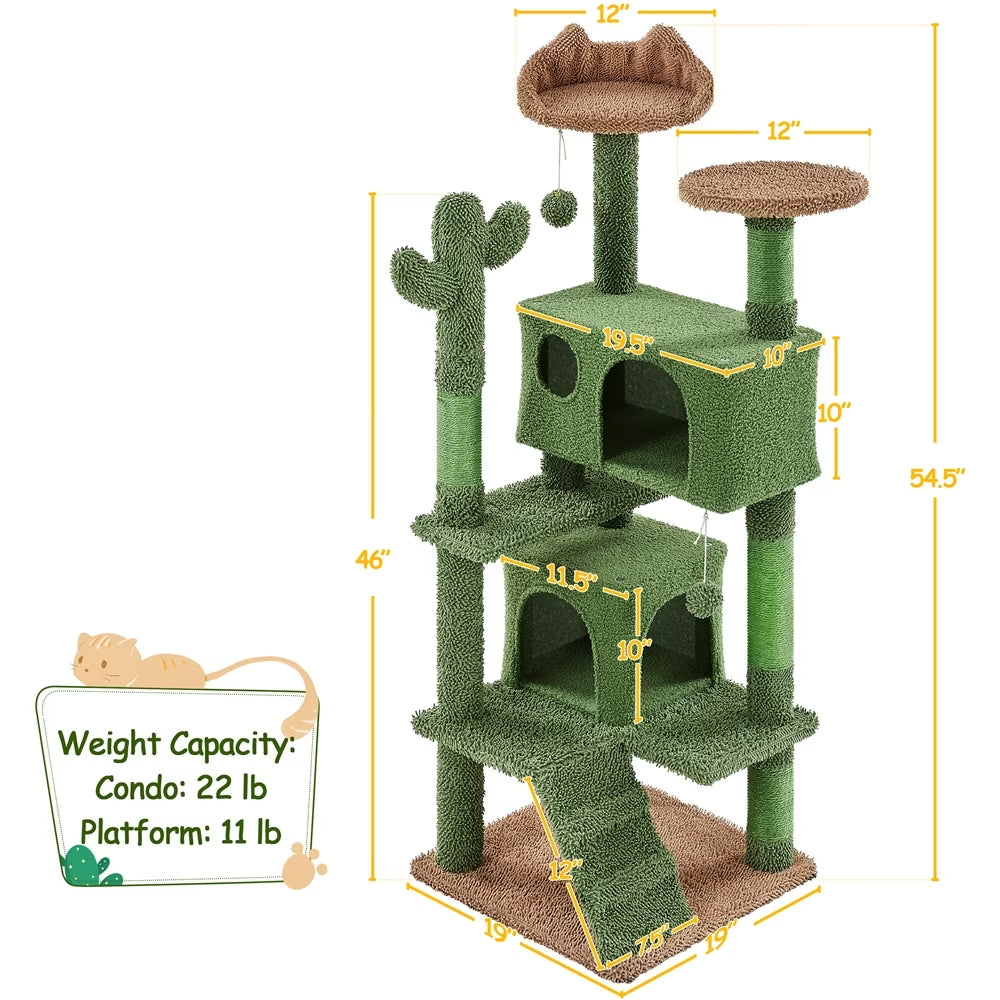 54″ H Cactus Cat Tree with 2 Condos & Scratching Posts, Green/Brown
