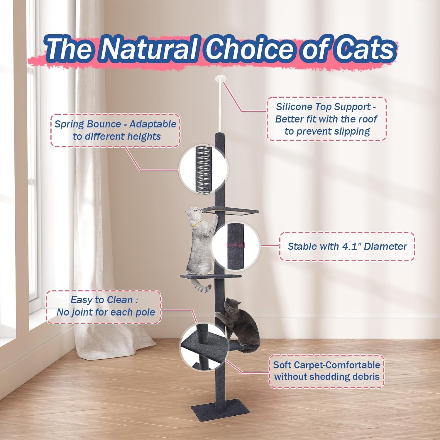 Cat Tree Floor to Ceiling 95-108" Tall Cat Tree Carpet Cat Tower Kitten Tree Sisal Scratching Post and Mat Cat Pole for Indoor Cats, Charcoal, 4-Tier
