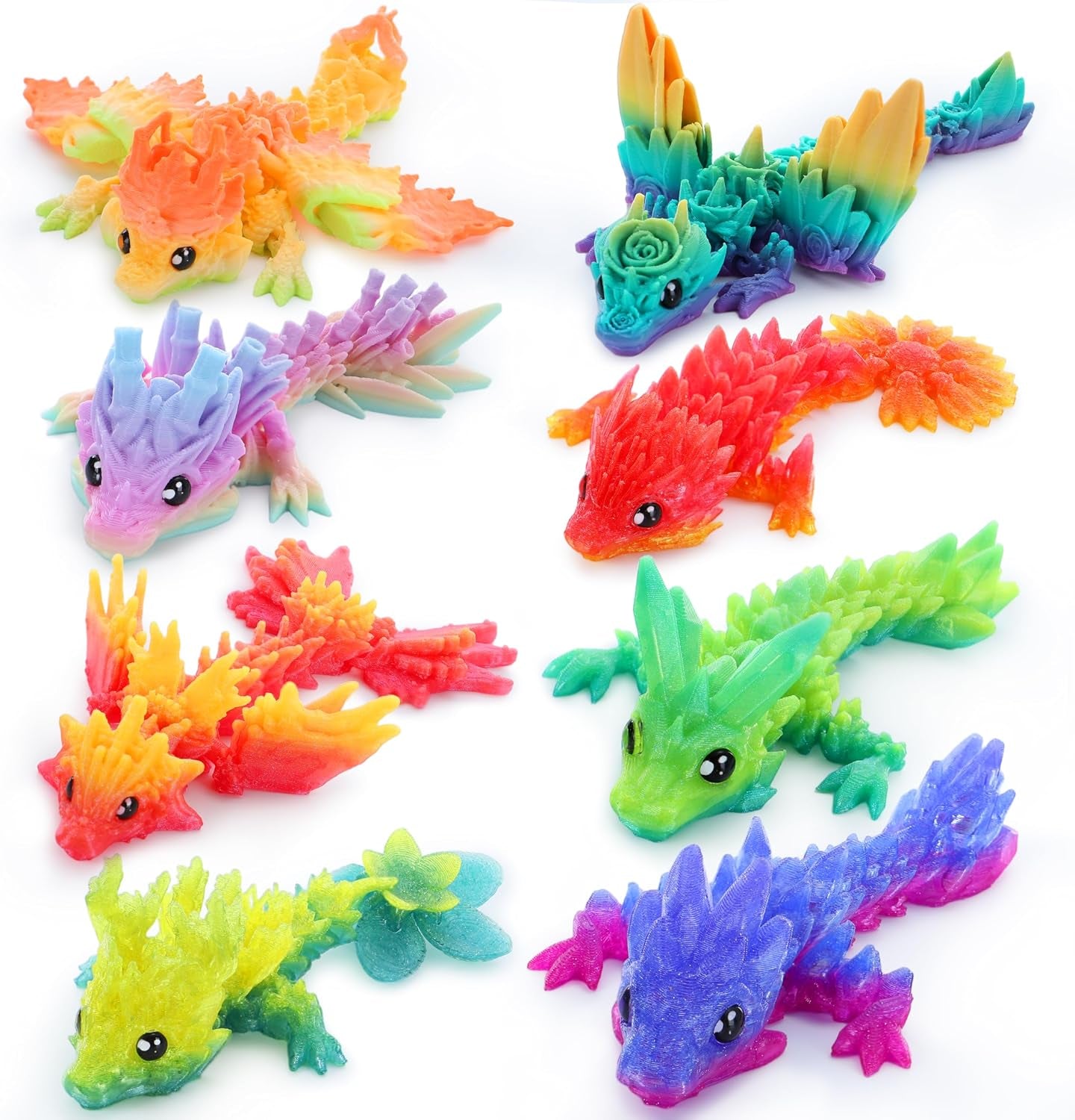 8 Pcs 3D Printed Dragon, 4.4" Colorful 3D Printed Flexible Articulated Dragon Fidget Toys for Office Desk Decor, Autism Stress Relief Fidget Toys for Kids & Adults Gift