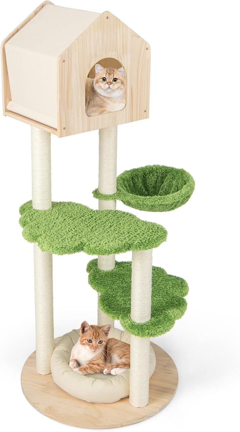 Cat Tree Tower, Multi-Level Modern Wood Cat Tower with Sisal Scratching Posts, Jumping Platforms, Perch, Hammock, Cute Cat Condo, Tall Cat Tree for Indoor Cats Large Adult (55 Inch)