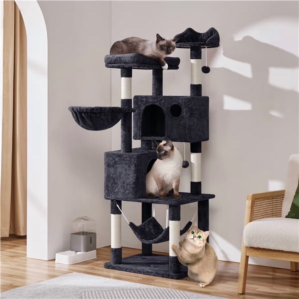 64.5In Multi-Level Large Cat Tree Condo Tower with Hammock Scratching Posts & Hammock, Black