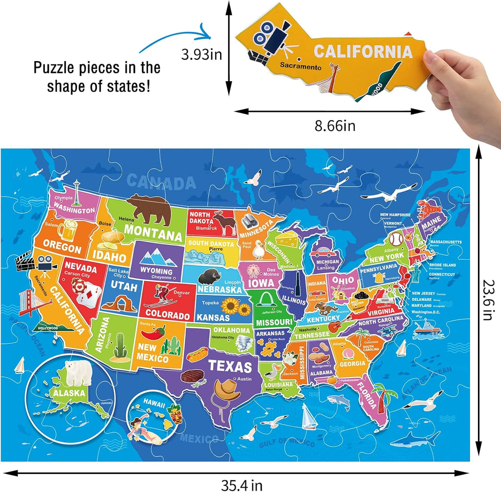 Jumbo Floor Puzzle for Kids,70-Piece USA Map Jigsaw Puzzle Ages 3-8 | 50 States with Capitals,Extra-Thick Cardboard,Preschool Learning Toy,35X24 in Completed,Geography Gift for Boys and Girls
