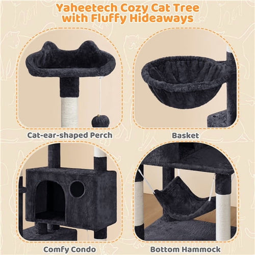 64.5In Multi-Level Large Cat Tree Condo Tower with Hammock Scratching Posts & Hammock, Black