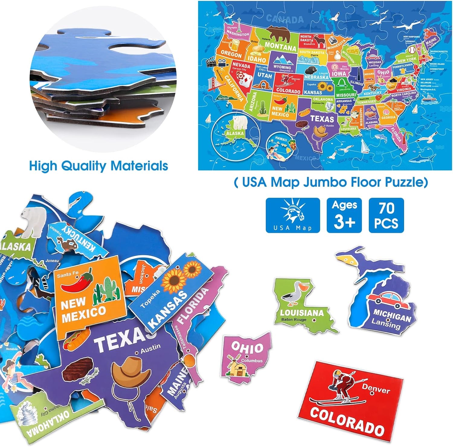 Jumbo Floor Puzzle for Kids,70-Piece USA Map Jigsaw Puzzle Ages 3-8 | 50 States with Capitals,Extra-Thick Cardboard,Preschool Learning Toy,35X24 in Completed,Geography Gift for Boys and Girls