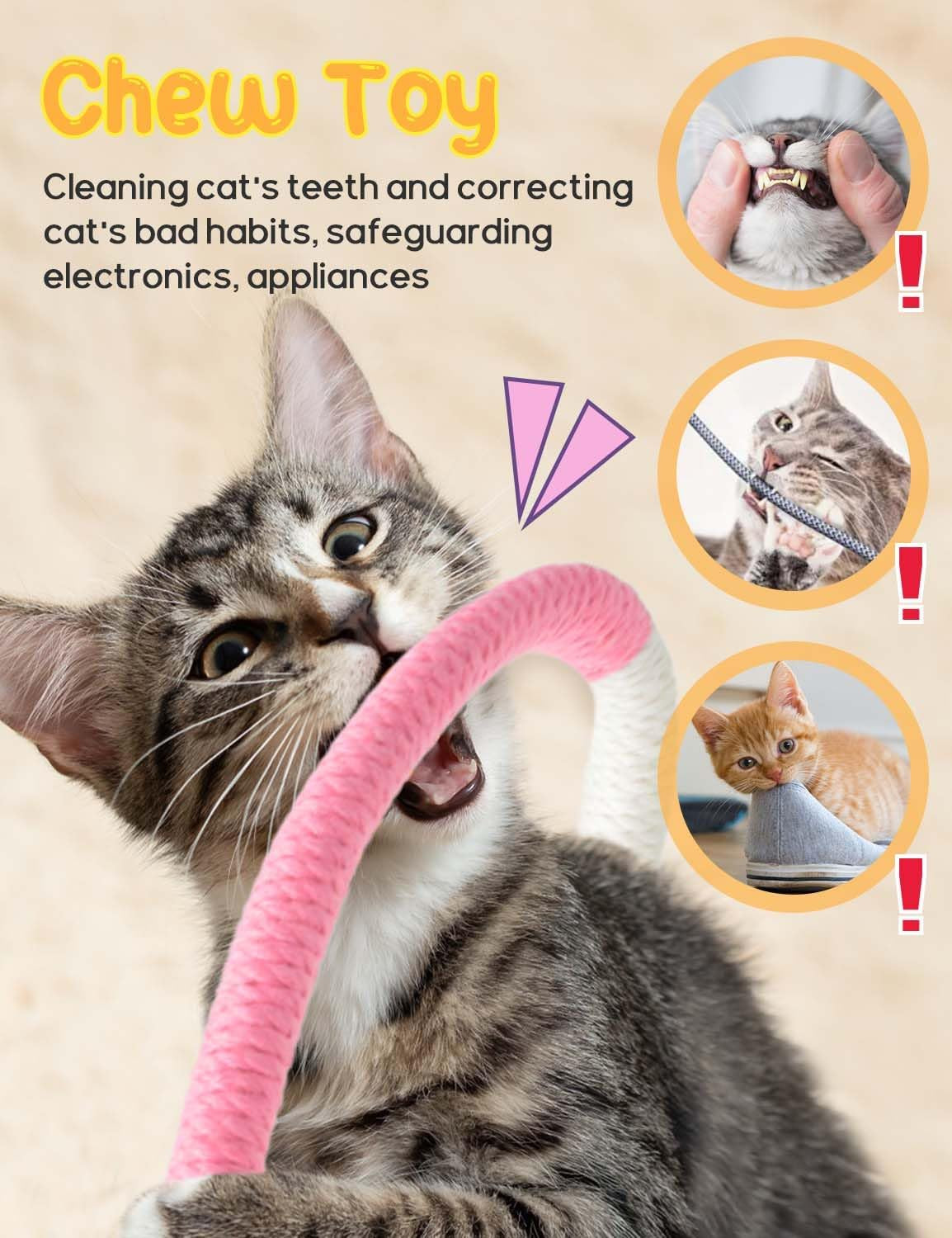 6 PCS Cat Toys Chew Ropes, 27" Cat Rope Toys with 3 Bags of Catnip and Silvervine Sticks for Kittens and Cats Teeth Cleaning and Dental Care