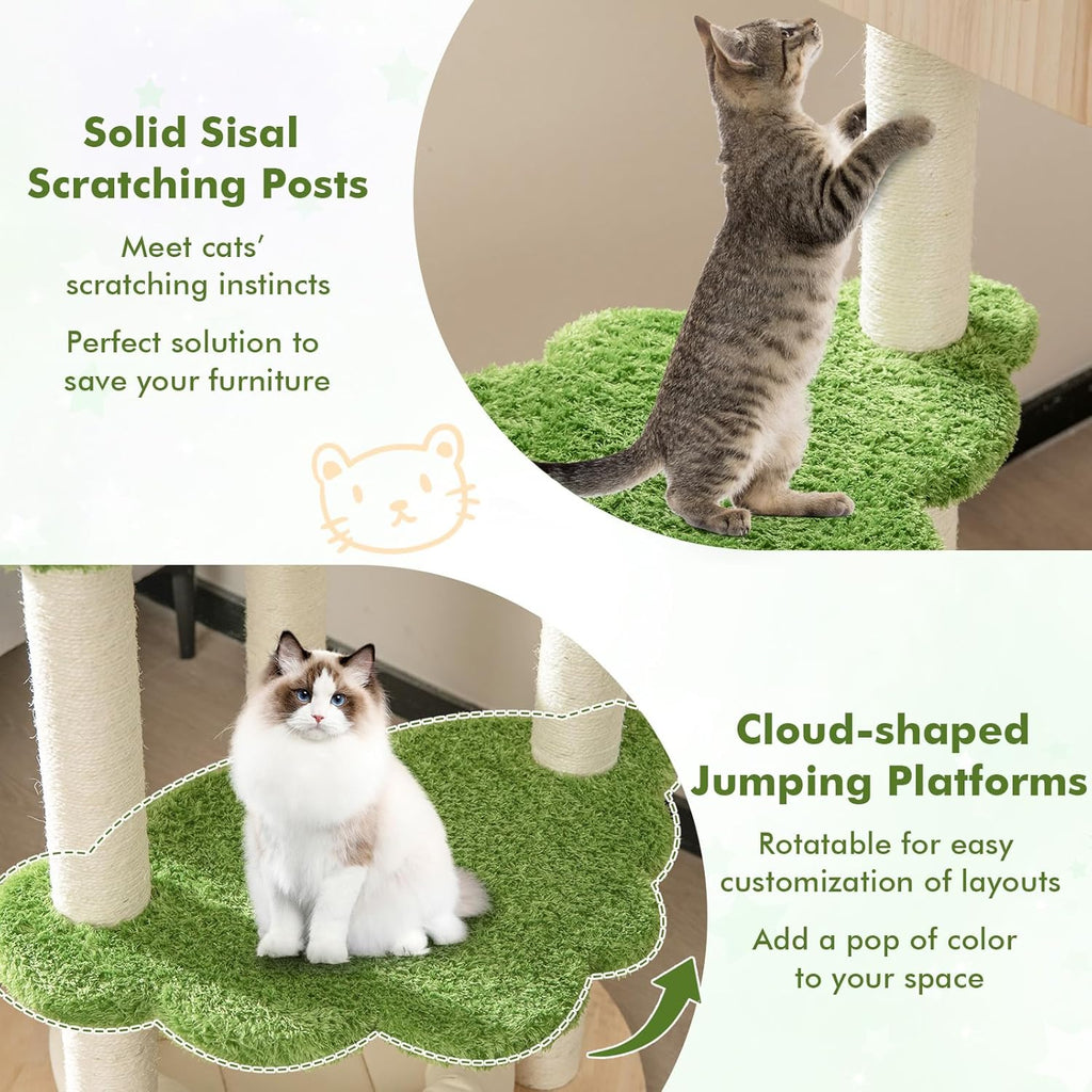 Cat Tree Tower, Multi-Level Modern Wood Cat Tower with Sisal Scratching Posts, Jumping Platforms, Perch, Hammock, Cute Cat Condo, Tall Cat Tree for Indoor Cats Large Adult (55 Inch)