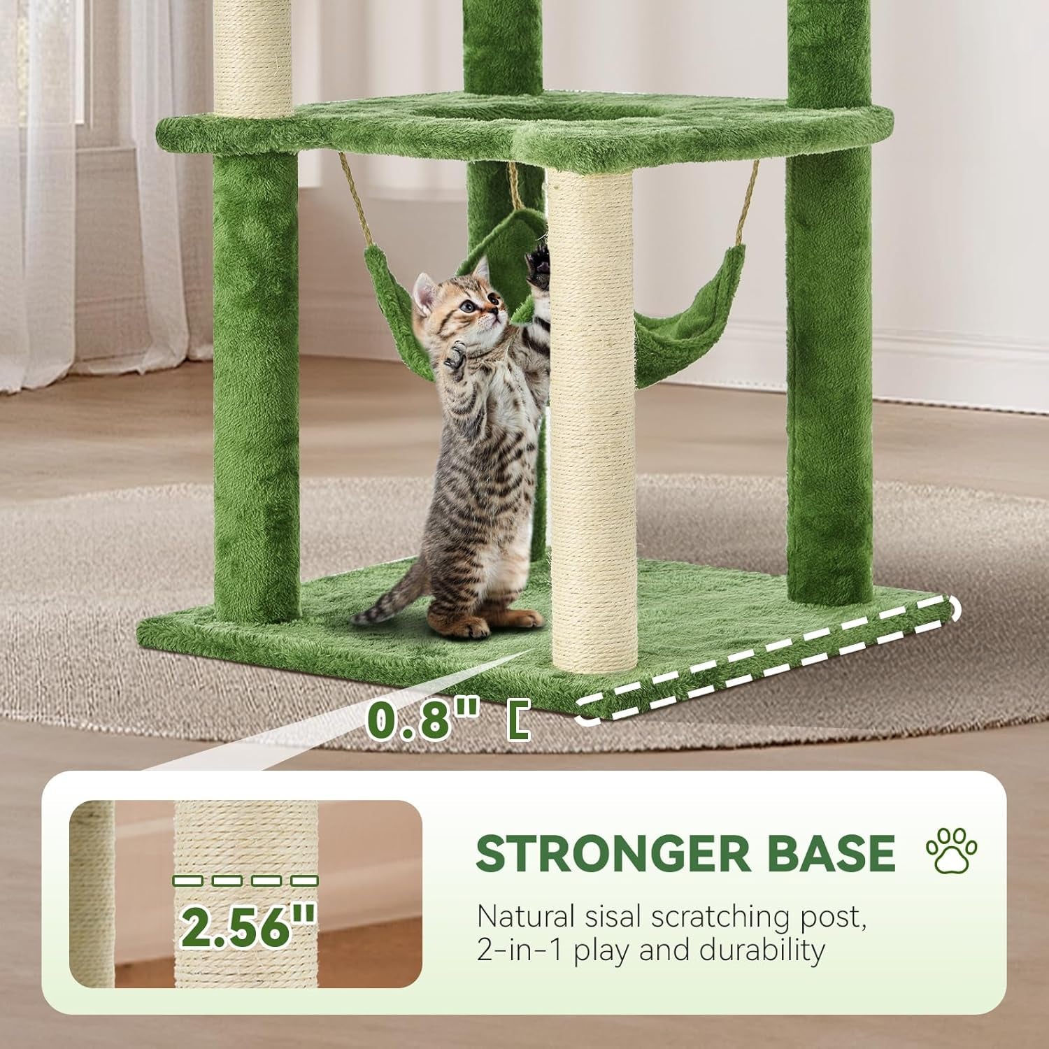 61" Cat Tree for with Green Leaves, Multi-Level Large Cat Tower with Hammock, Plush Cat House with Hang Ball Toy and Sisal Scratching Posts Furniture, Green