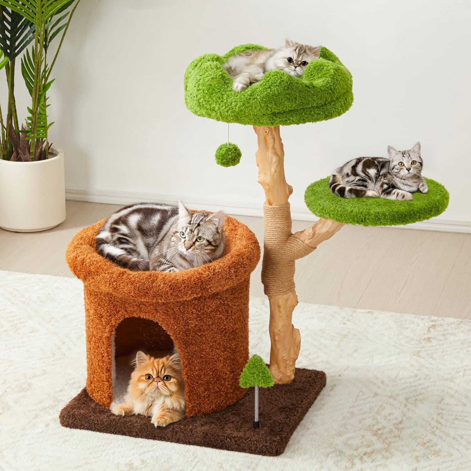 32-Inch Multi-Level Cat Tree Tower, Natural Wood Cat Furniture with Sisal Scratching Posts, Beds & Condo, Cute Cat Tree for Indoor Cats and Multi-Cat Households
