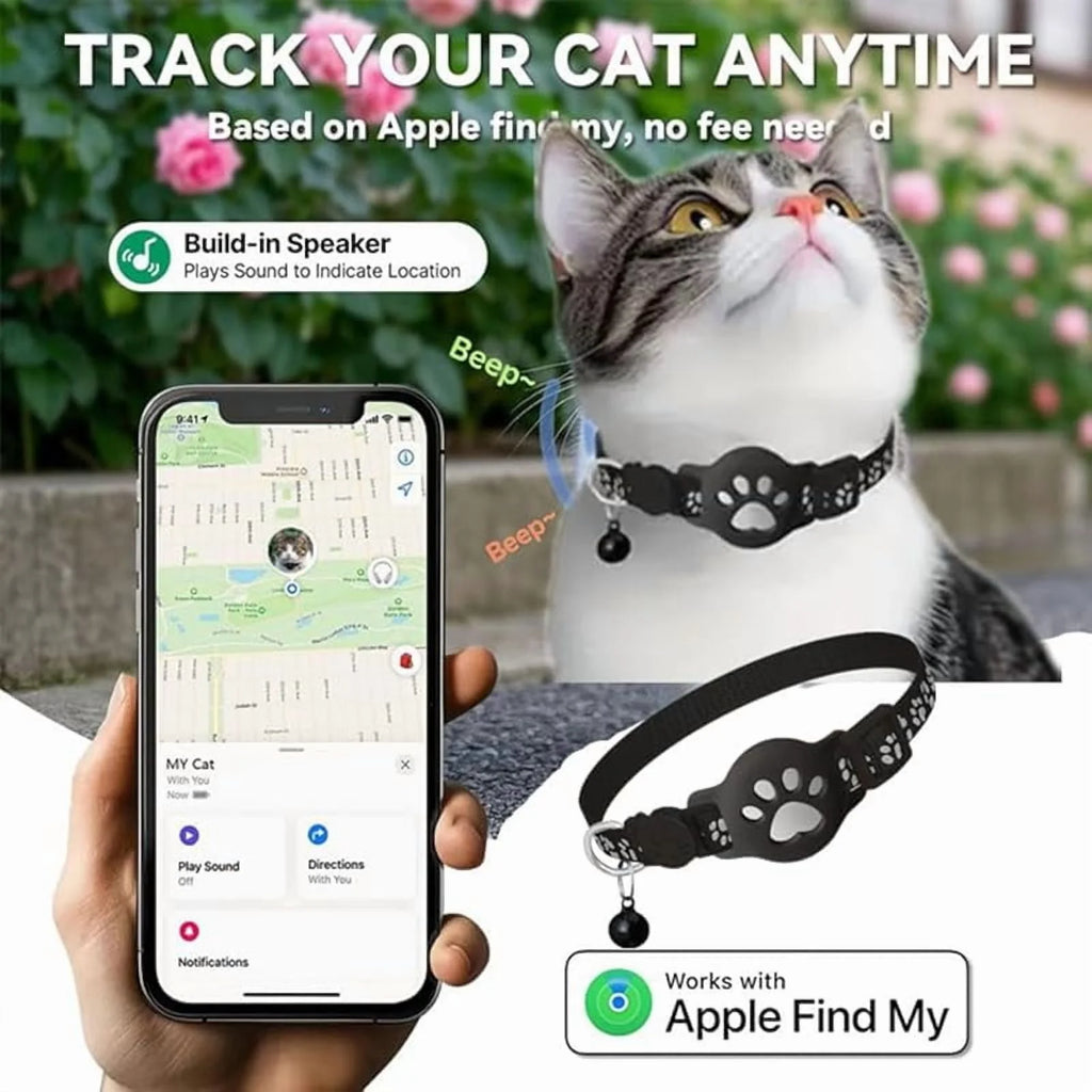 Cat Tracker Collar for Small Cats - Real Time Cat GPS Tracker No Monthly Fee, Pet Tracker for Cats Works with Apple Find My (Only Ios), No SIM Required (Collar + White Tracker)