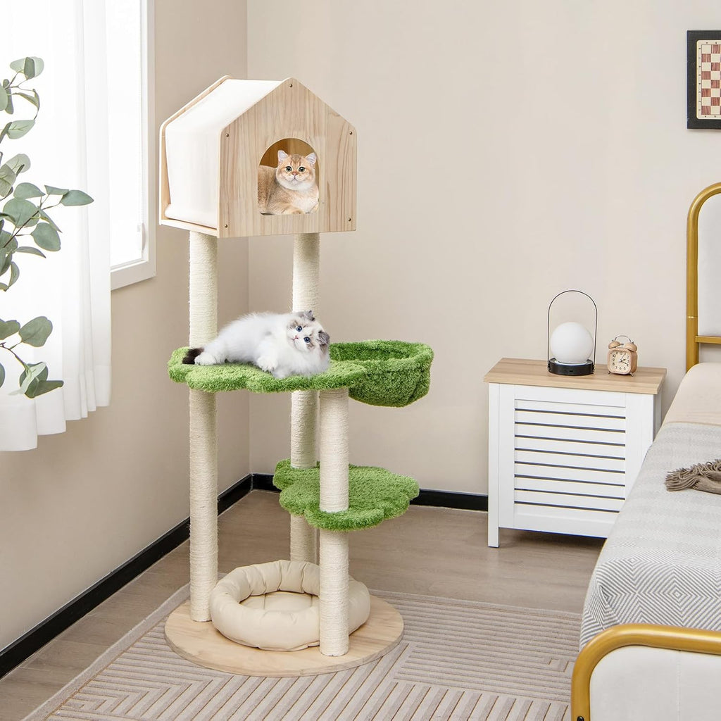 Cat Tree Tower, Multi-Level Modern Wood Cat Tower with Sisal Scratching Posts, Jumping Platforms, Perch, Hammock, Cute Cat Condo, Tall Cat Tree for Indoor Cats Large Adult (55 Inch)