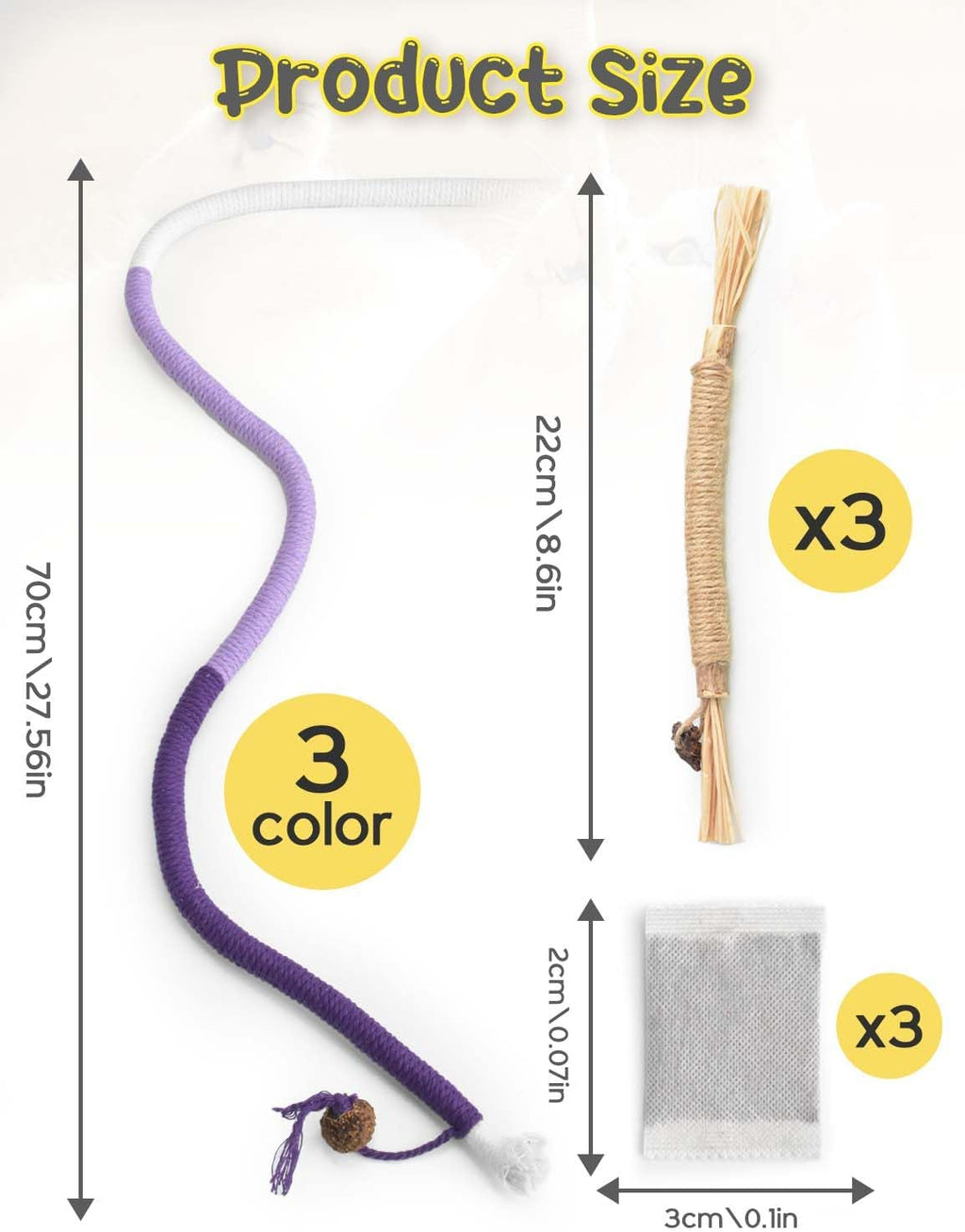 6 PCS Cat Toys Chew Ropes, 27" Cat Rope Toys with 3 Bags of Catnip and Silvervine Sticks for Kittens and Cats Teeth Cleaning and Dental Care