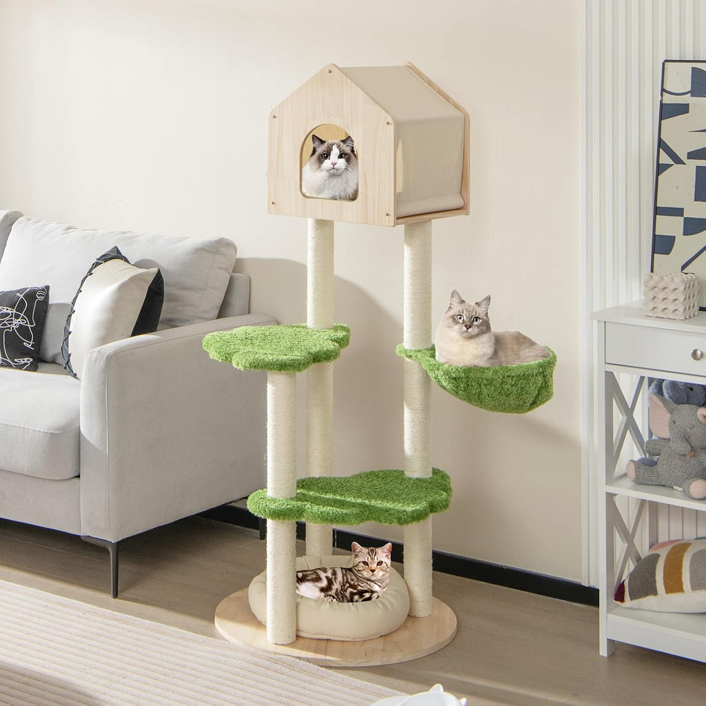 Cat Tree Tower, Multi-Level Modern Wood Cat Tower with Sisal Scratching Posts, Jumping Platforms, Perch, Hammock, Cute Cat Condo, Tall Cat Tree for Indoor Cats Large Adult (55 Inch)