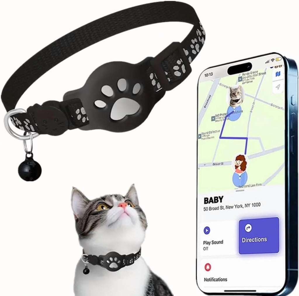 Cat Tracker Collar for Small Cats - Real Time Cat GPS Tracker No Monthly Fee, Pet Tracker for Cats Works with Apple Find My (Only Ios), No SIM Required (Collar + White Tracker)