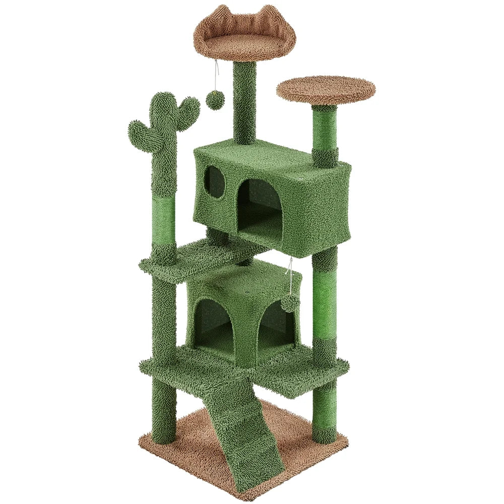54″ H Cactus Cat Tree with 2 Condos & Scratching Posts, Green/Brown