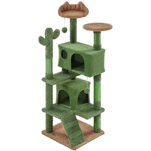 54″ H Cactus Cat Tree with 2 Condos & Scratching Posts, Green/Brown