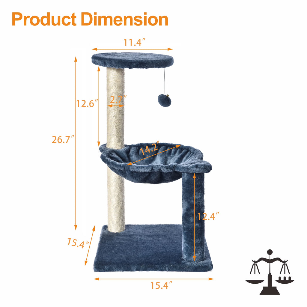 3-Level Cat Tower with Hammock and Sisal Post, 26.7 Inch, Blue