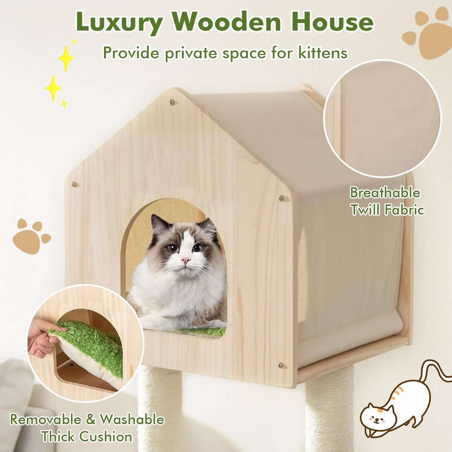 Cat Tree Tower, Multi-Level Modern Wood Cat Tower with Sisal Scratching Posts, Jumping Platforms, Perch, Hammock, Cute Cat Condo, Tall Cat Tree for Indoor Cats Large Adult (55 Inch)