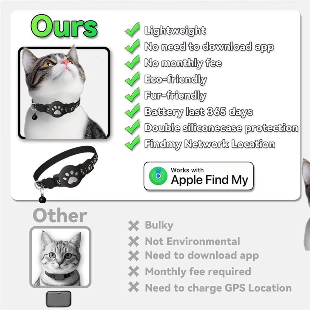 Cat Tracker Collar for Small Cats - Real Time Cat GPS Tracker No Monthly Fee, Pet Tracker for Cats Works with Apple Find My (Only Ios), No SIM Required (Collar + White Tracker)