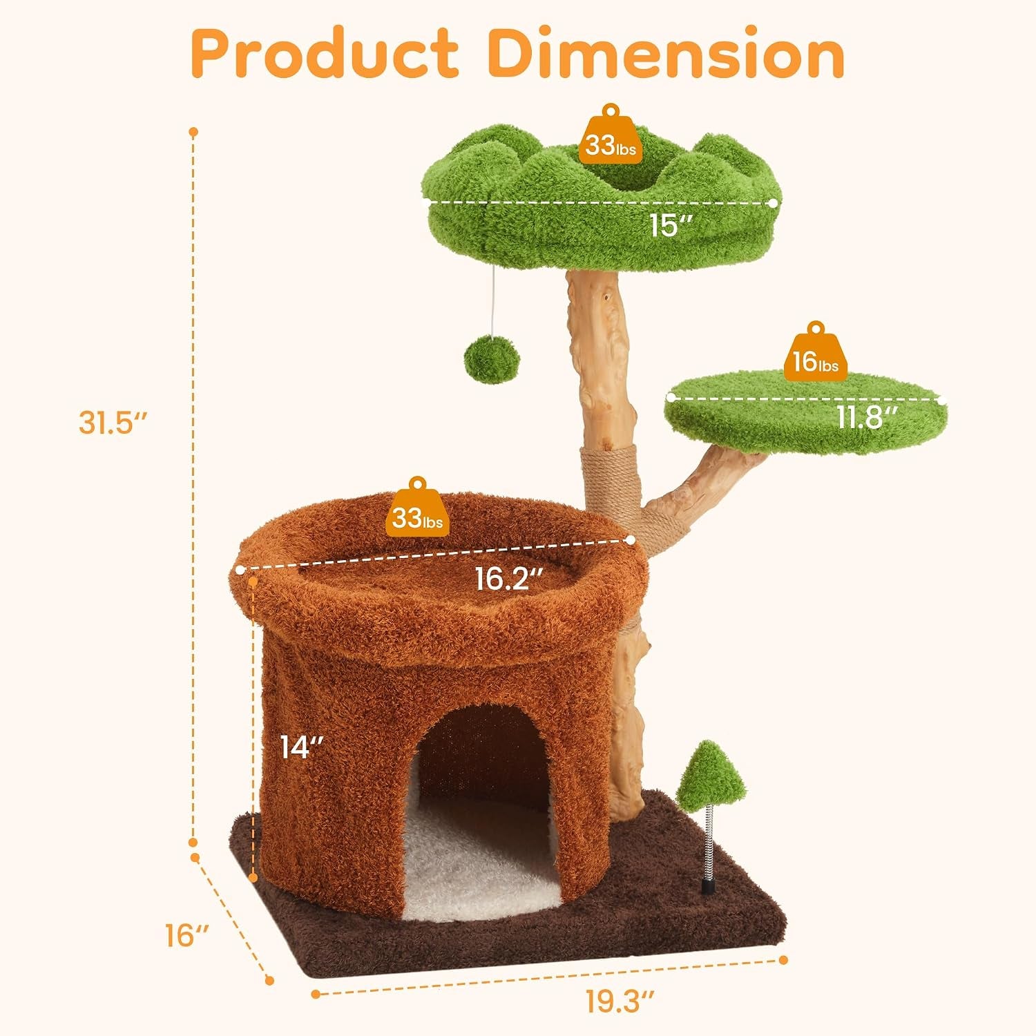 32-Inch Multi-Level Cat Tree Tower, Natural Wood Cat Furniture with Sisal Scratching Posts, Beds & Condo, Cute Cat Tree for Indoor Cats and Multi-Cat Households