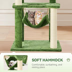 61" Cat Tree for with Green Leaves, Multi-Level Large Cat Tower with Hammock, Plush Cat House with Hang Ball Toy and Sisal Scratching Posts Furniture, Green