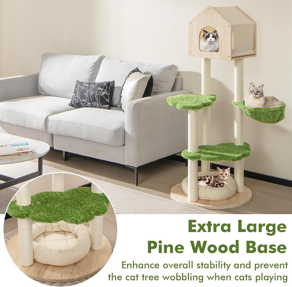 Cat Tree Tower, Multi-Level Modern Wood Cat Tower with Sisal Scratching Posts, Jumping Platforms, Perch, Hammock, Cute Cat Condo, Tall Cat Tree for Indoor Cats Large Adult (55 Inch)