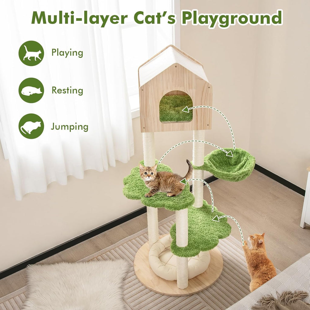 Cat Tree Tower, Multi-Level Modern Wood Cat Tower with Sisal Scratching Posts, Jumping Platforms, Perch, Hammock, Cute Cat Condo, Tall Cat Tree for Indoor Cats Large Adult (55 Inch)