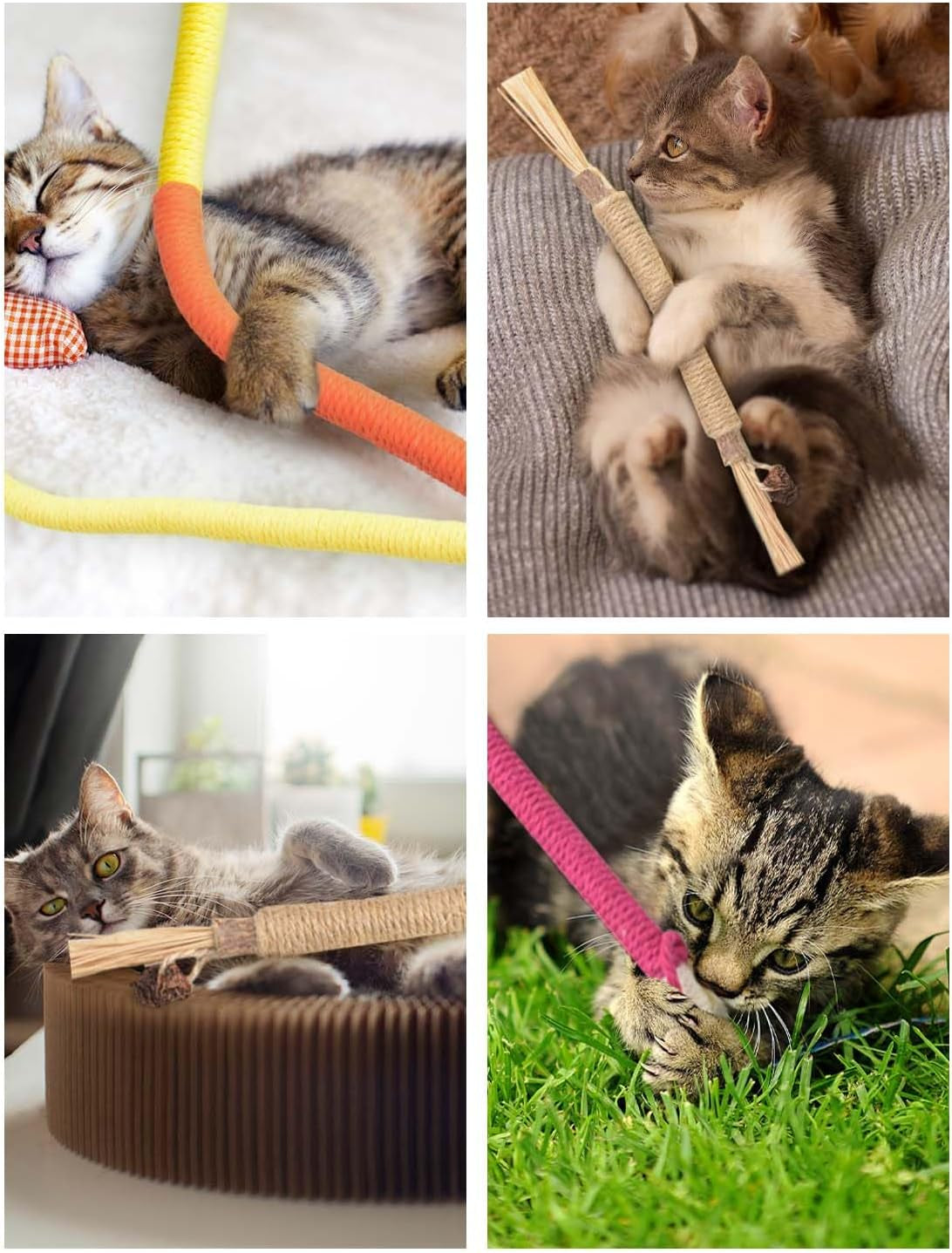 6 PCS Cat Toys Chew Ropes, 27" Cat Rope Toys with 3 Bags of Catnip and Silvervine Sticks for Kittens and Cats Teeth Cleaning and Dental Care