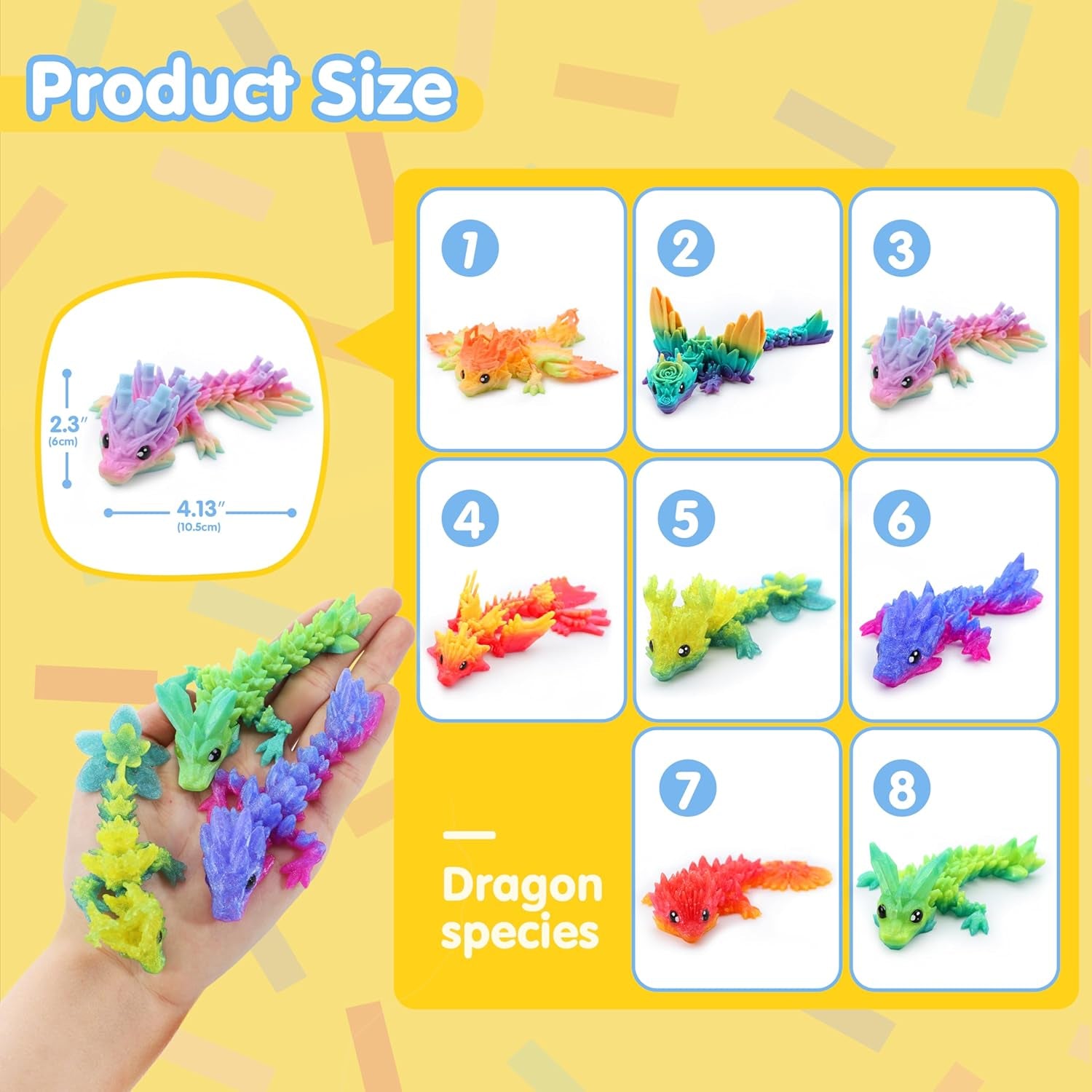 8 Pcs 3D Printed Dragon, 4.4" Colorful 3D Printed Flexible Articulated Dragon Fidget Toys for Office Desk Decor, Autism Stress Relief Fidget Toys for Kids & Adults Gift