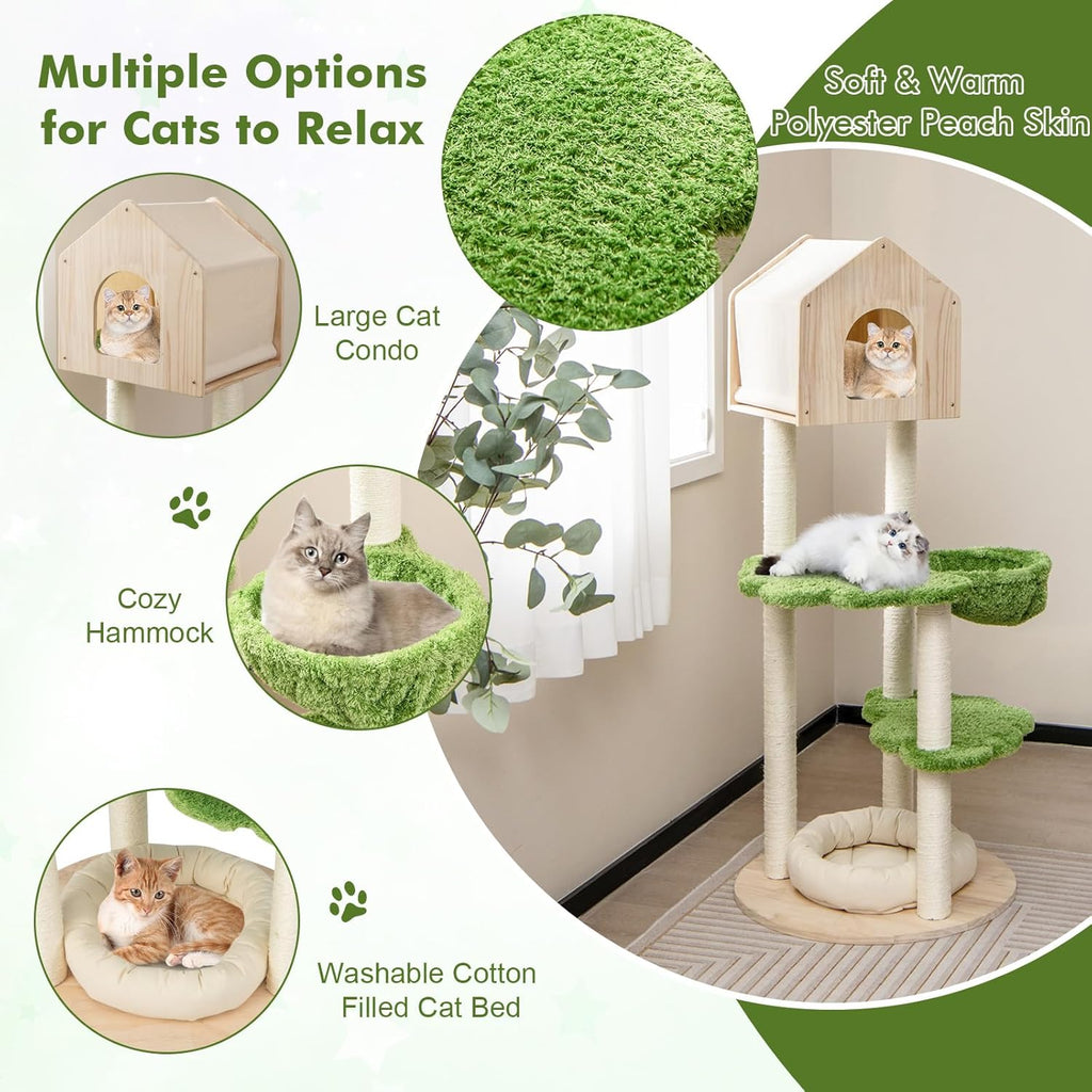 Cat Tree Tower, Multi-Level Modern Wood Cat Tower with Sisal Scratching Posts, Jumping Platforms, Perch, Hammock, Cute Cat Condo, Tall Cat Tree for Indoor Cats Large Adult (55 Inch)
