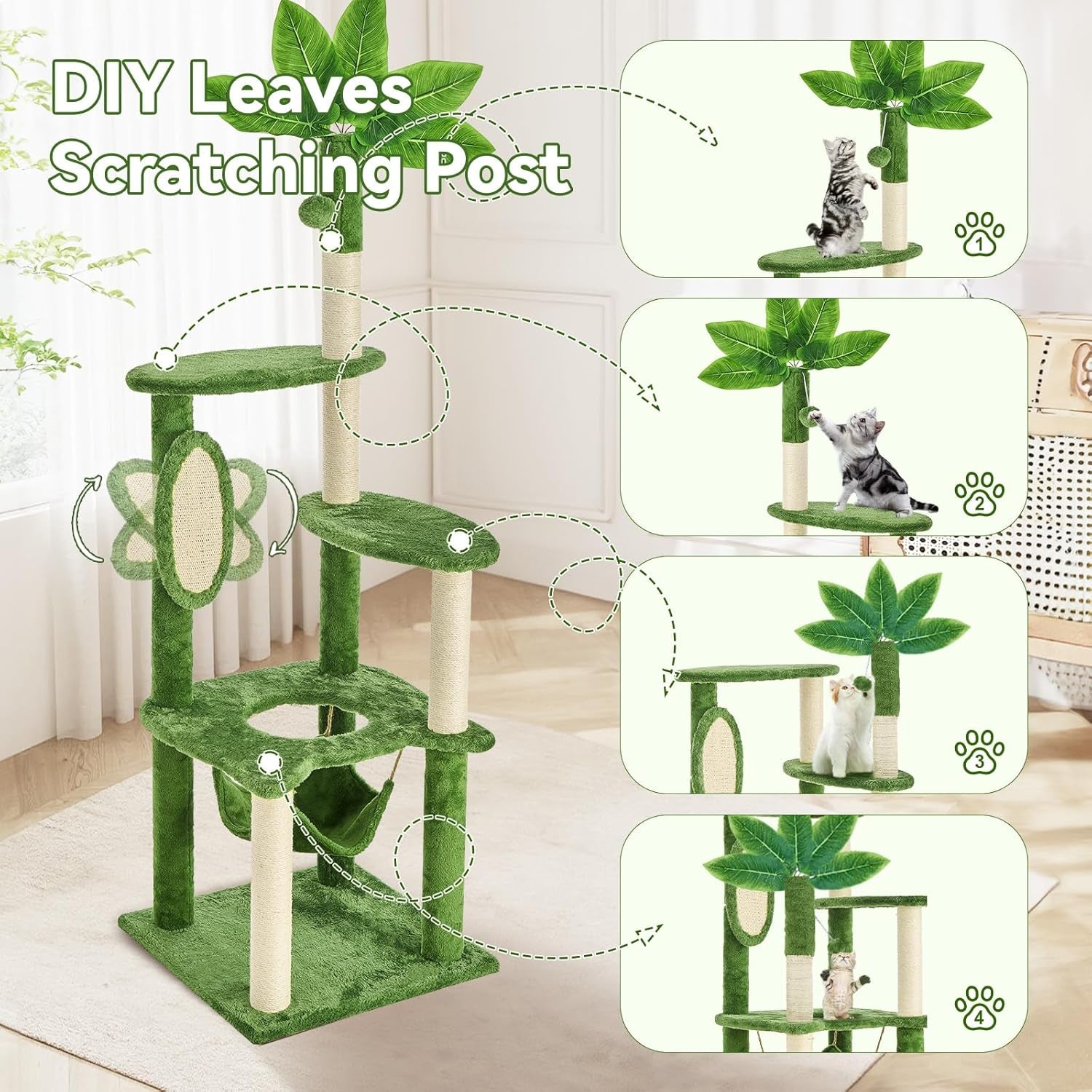 61" Cat Tree for with Green Leaves, Multi-Level Large Cat Tower with Hammock, Plush Cat House with Hang Ball Toy and Sisal Scratching Posts Furniture, Green