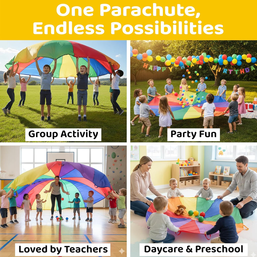 Kids Rainbow Parachute 6 Ft to 35 Ft for School & Gym Class | Bright Rainbow Colors, 54 GSM Fabric, Cross-Stitched Handles, Field Day & Birthday Parties, Storage Bag Included
