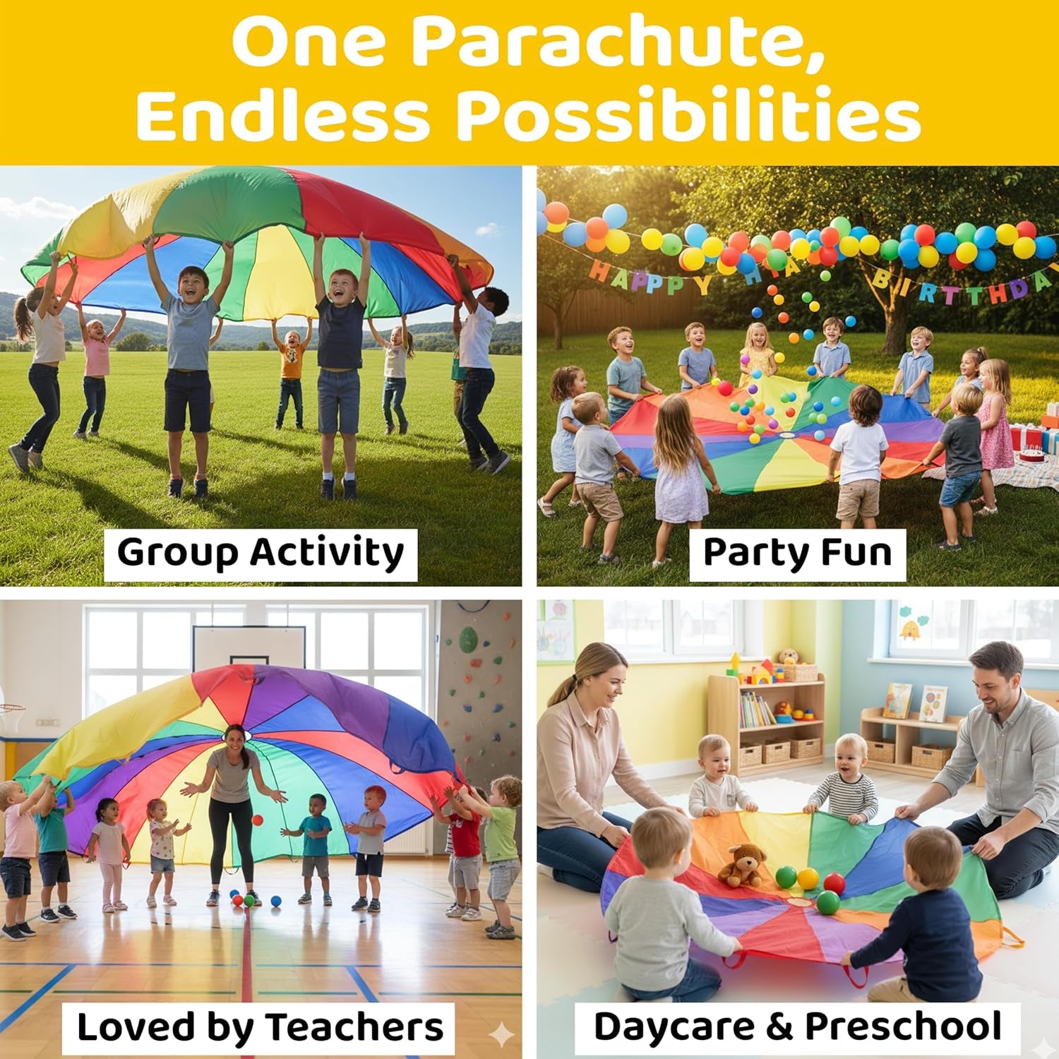 Kids Rainbow Parachute 6 Ft to 35 Ft for School & Gym Class | Bright Rainbow Colors, 54 GSM Fabric, Cross-Stitched Handles, Field Day & Birthday Parties, Storage Bag Included