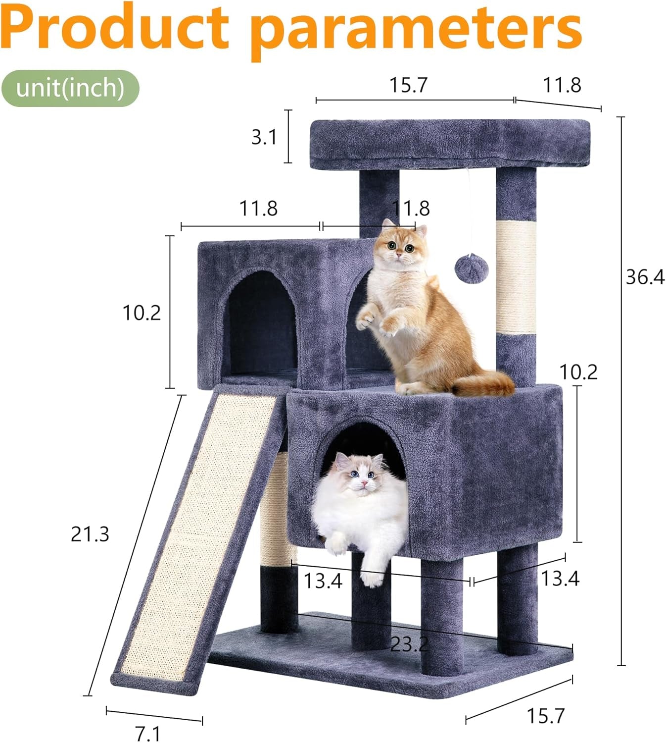 Cat Tree for Indoor Cats 36 Inches Cat Tower Multi-Level Indoor Cat Play Condo House with Scratching Posts, Spacious Perch, Sisal Posts and Dangling Toys (Dark Grey)