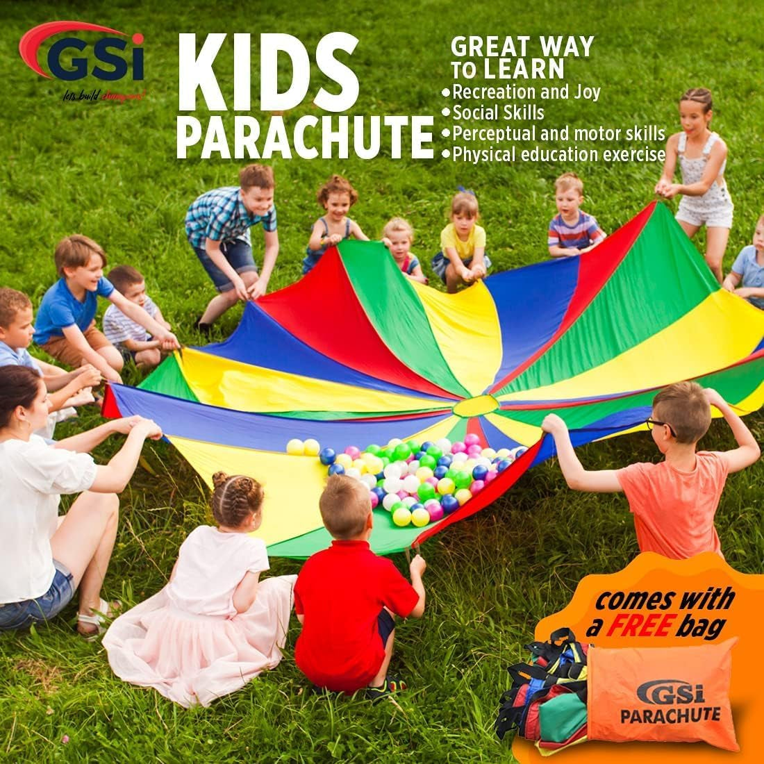Kids Rainbow Parachute 6 Ft to 35 Ft for School & Gym Class | Bright Rainbow Colors, 54 GSM Fabric, Cross-Stitched Handles, Field Day & Birthday Parties, Storage Bag Included