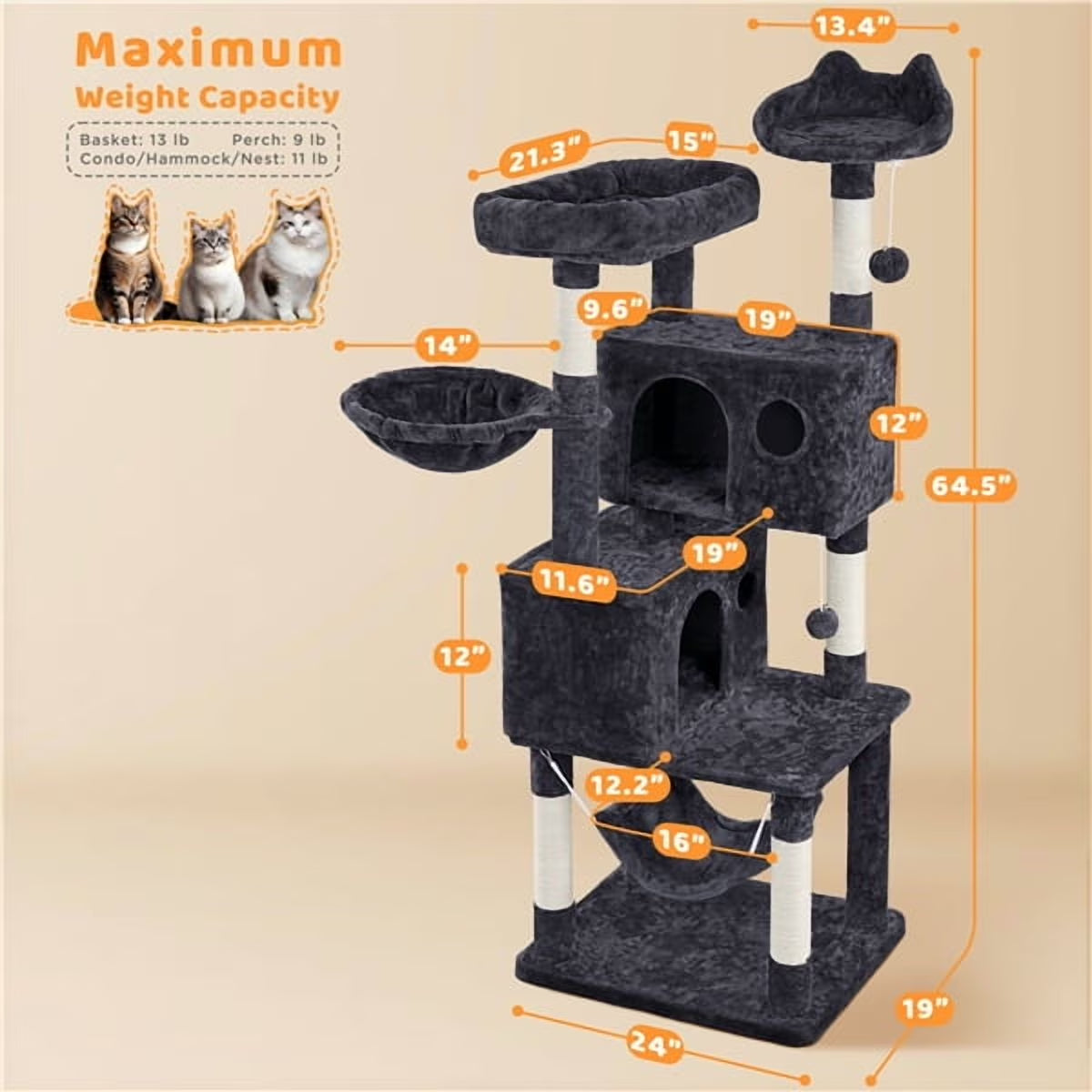 64.5In Multi-Level Large Cat Tree Condo Tower with Hammock Scratching Posts & Hammock, Black