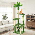 61" Cat Tree for with Green Leaves, Multi-Level Large Cat Tower with Hammock, Plush Cat House with Hang Ball Toy and Sisal Scratching Posts Furniture, Green