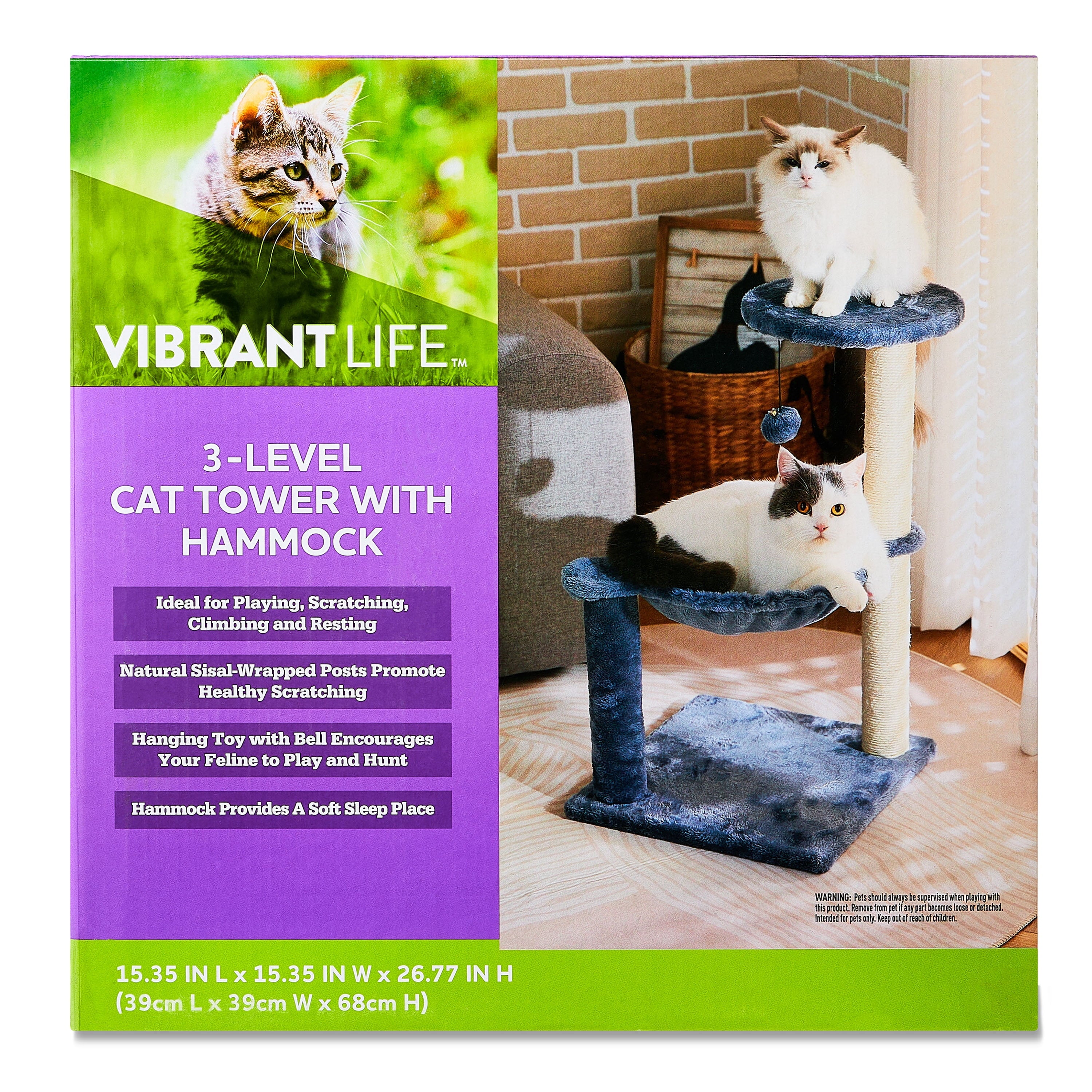 3-Level Cat Tower with Hammock and Sisal Post, 26.7 Inch, Blue
